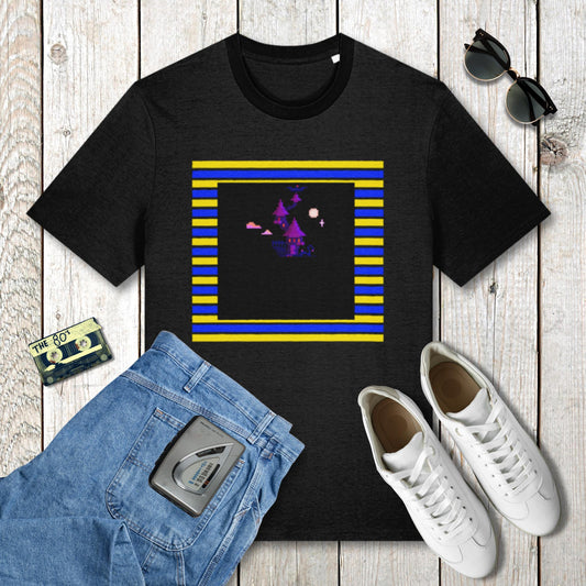 Black t-shirt with a colorful graphic design on a wooden surface with jeans, sneakers, and a cassette tape.