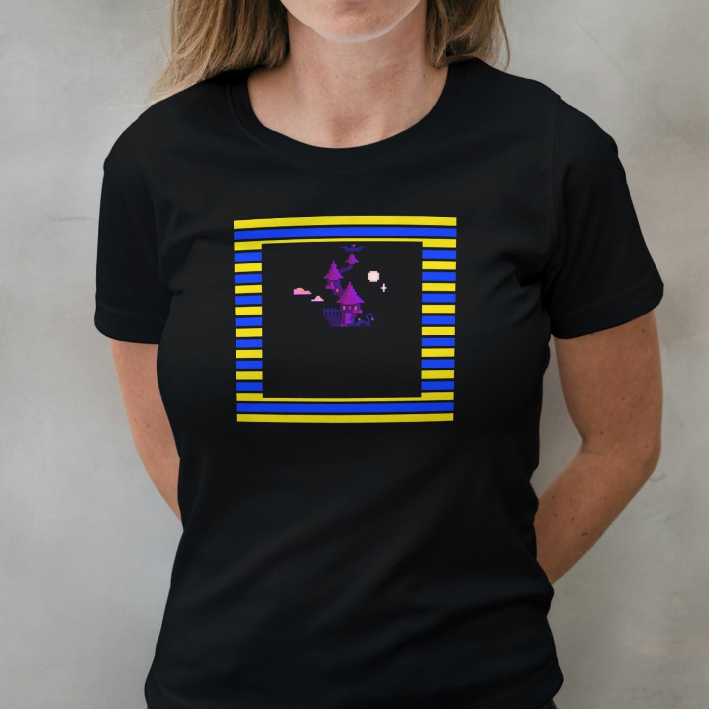 woman wearing spectrum loading graphic tee