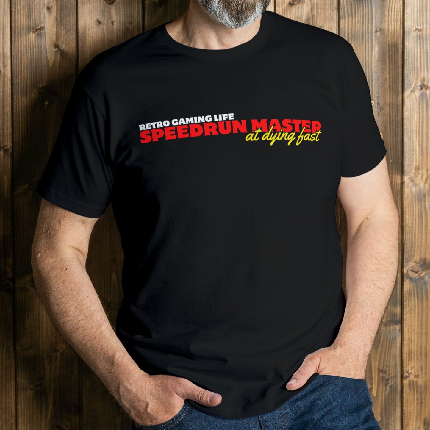 man wearing speedrun master graphic tee