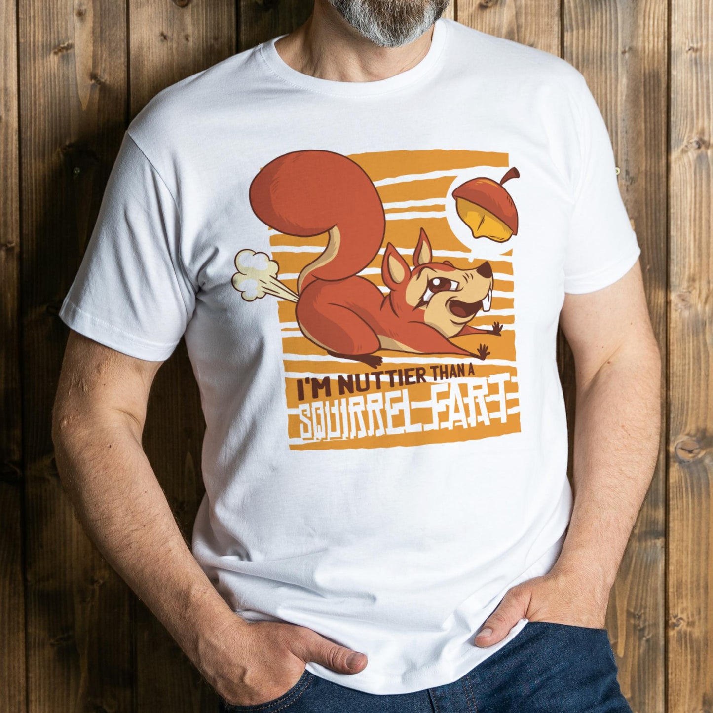 man wearing squirrel farts t shirt