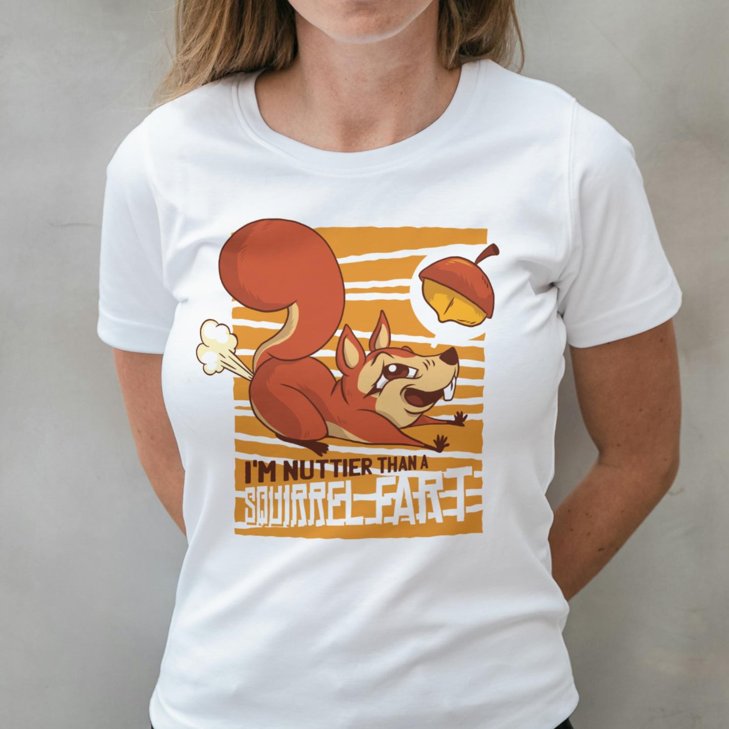woman wearing squirrel farts t shirt