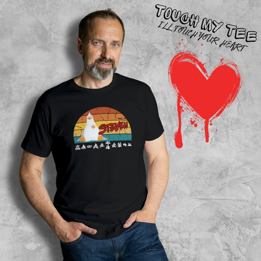 man wearing steven seagull t shirt