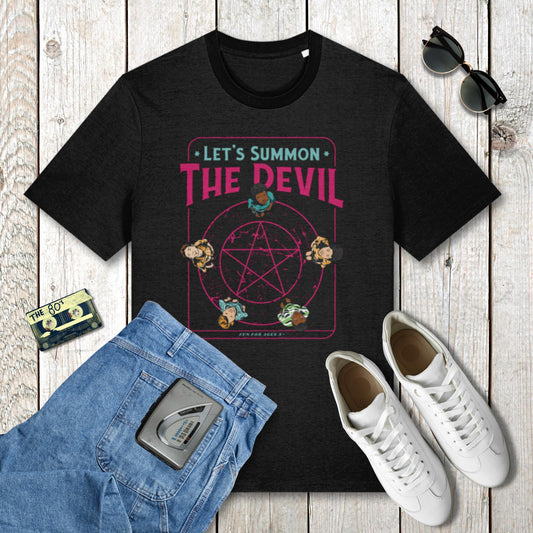 Black t-shirt with 'Let's Summon The Devil' design on a wooden surface with jeans, sneakers, and sunglasses.
