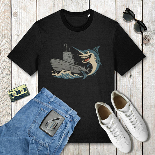 Black t-shirt with shark and submarine graphic, paired with jeans and sneakers on a wooden surface.