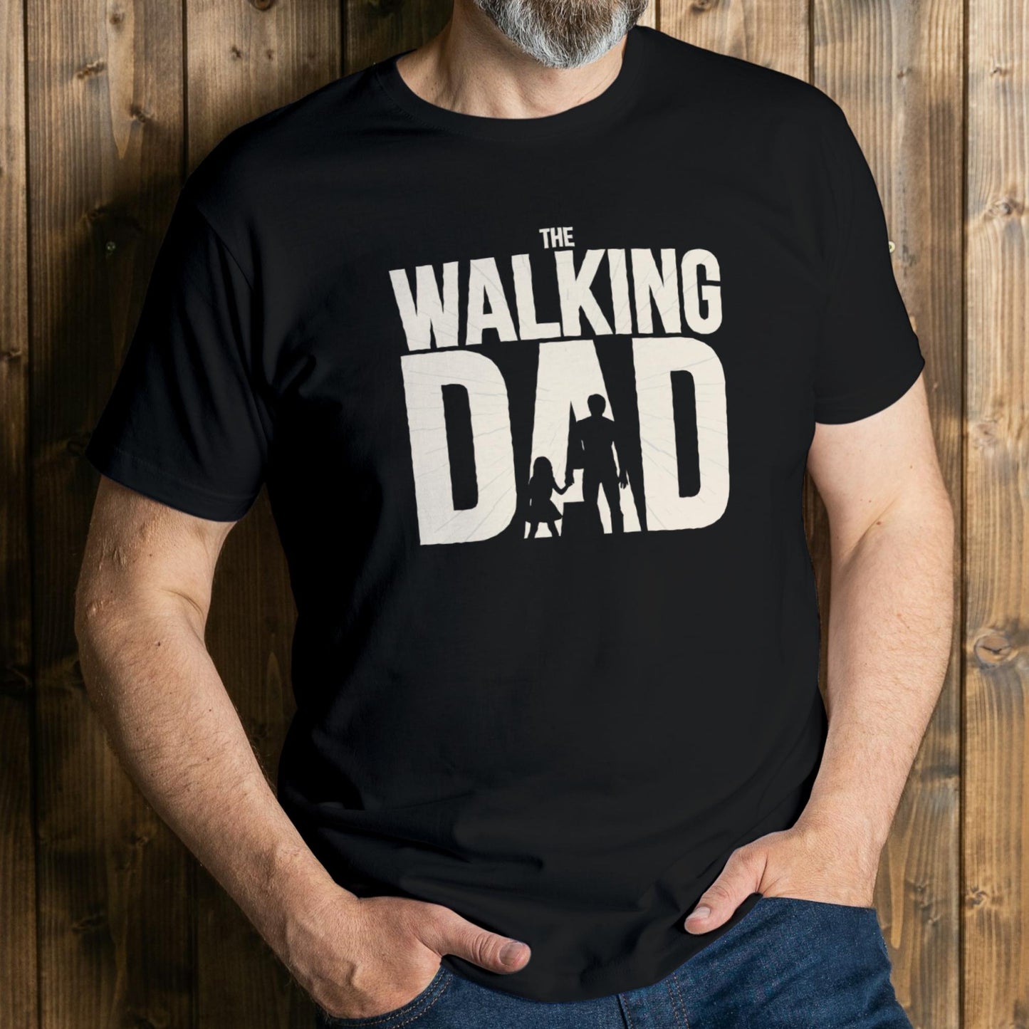 man wearing the walk dad t shirt in black