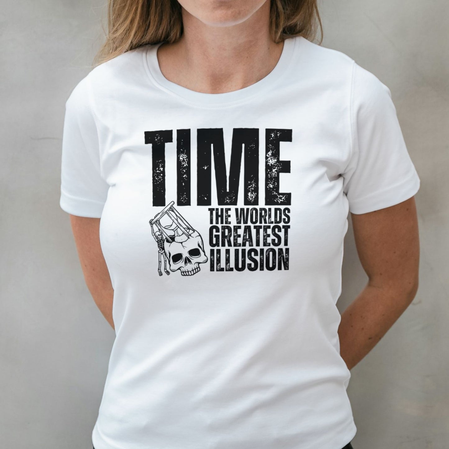 woman wearing time graphic tee