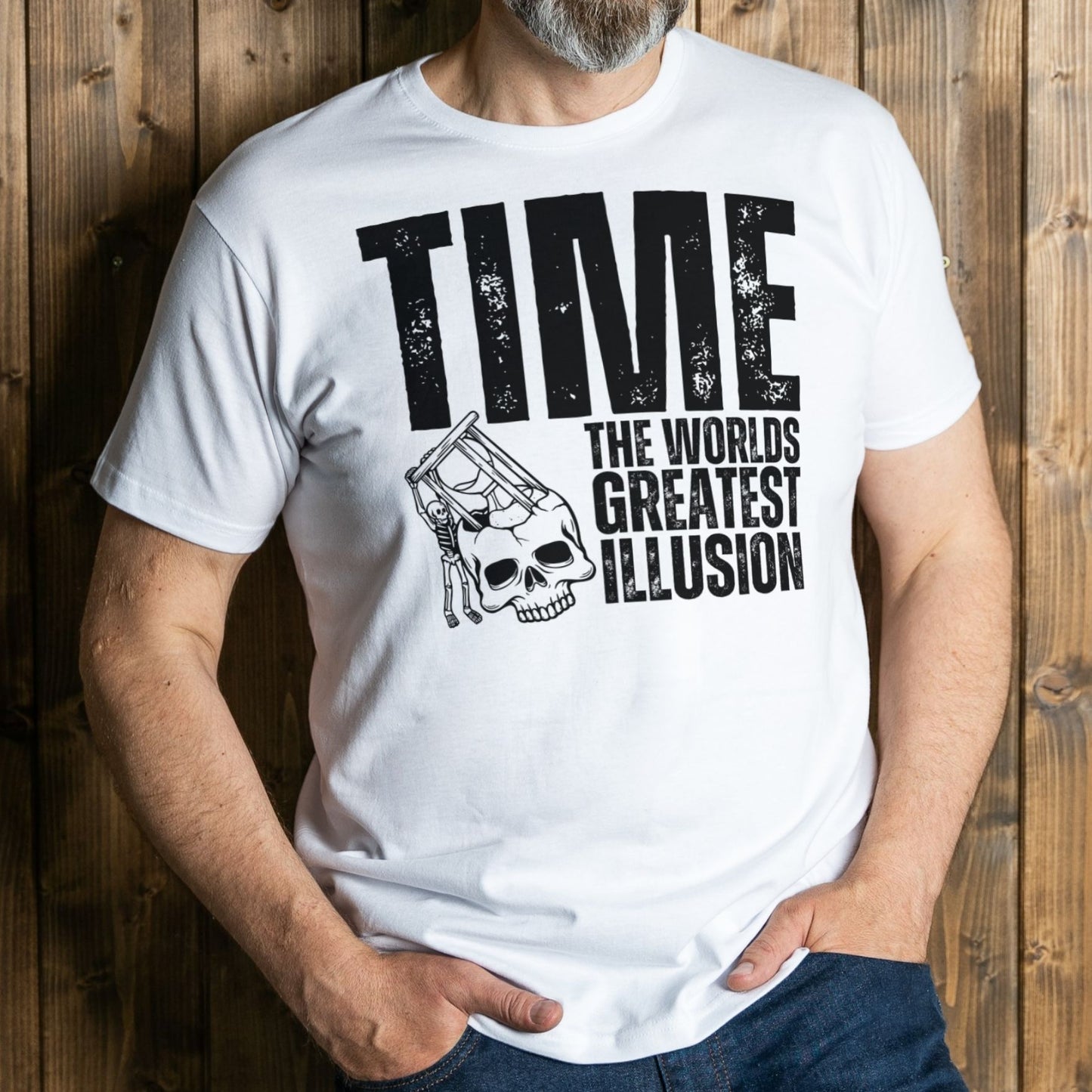 man wearing time graphic tee