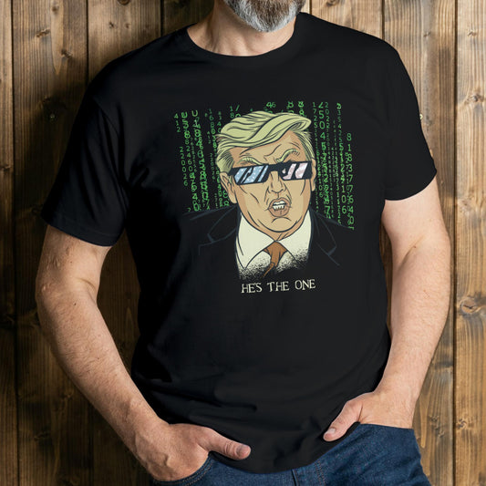 man wearing trump hes the one t shirt