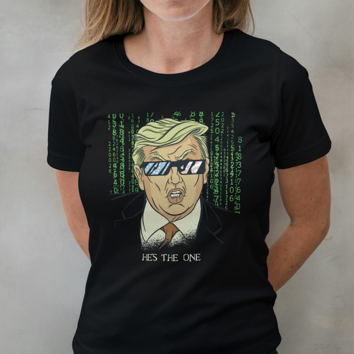 woman wearing trump hes the one t shirt