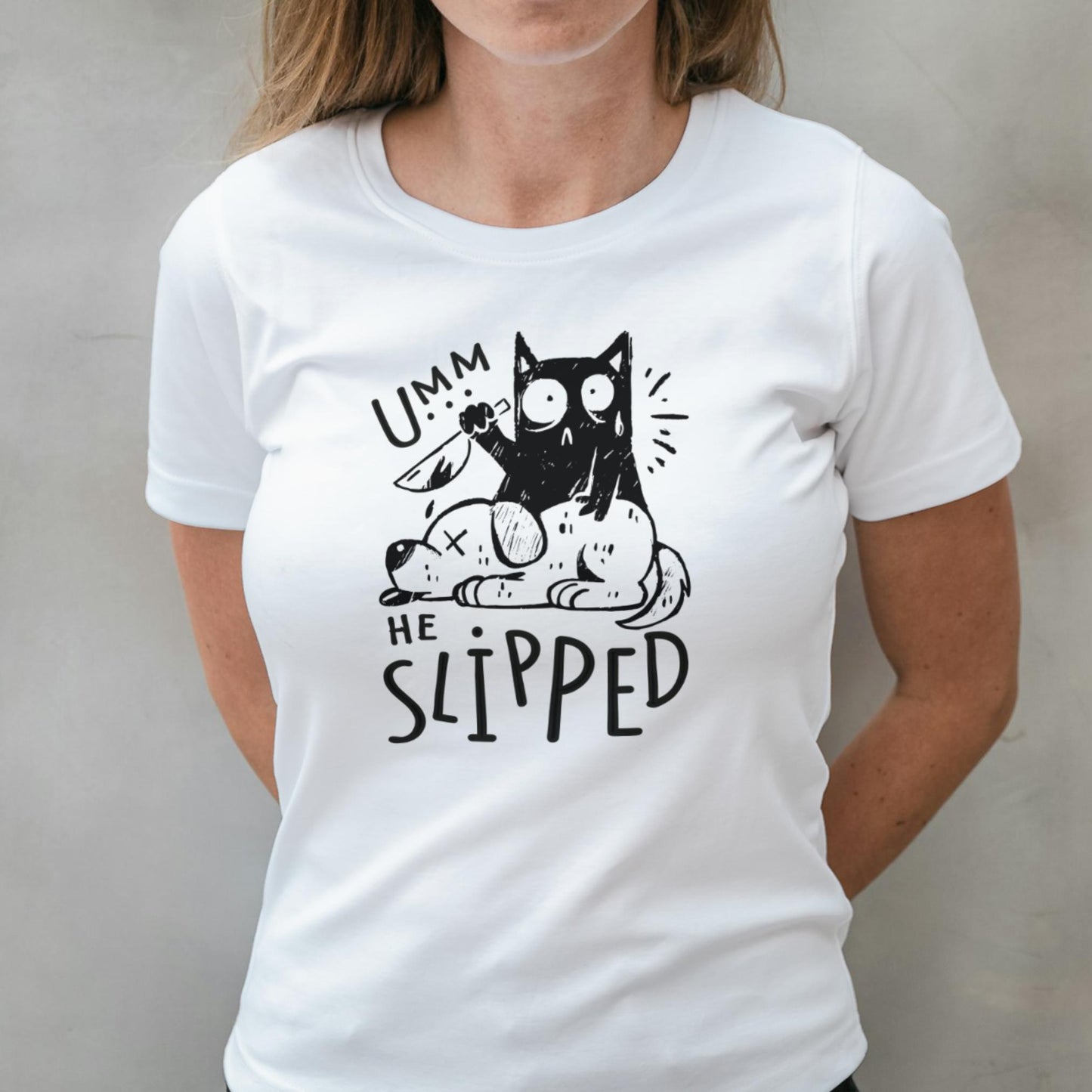 White t-shirt with a black cat graphic and text on a plain background