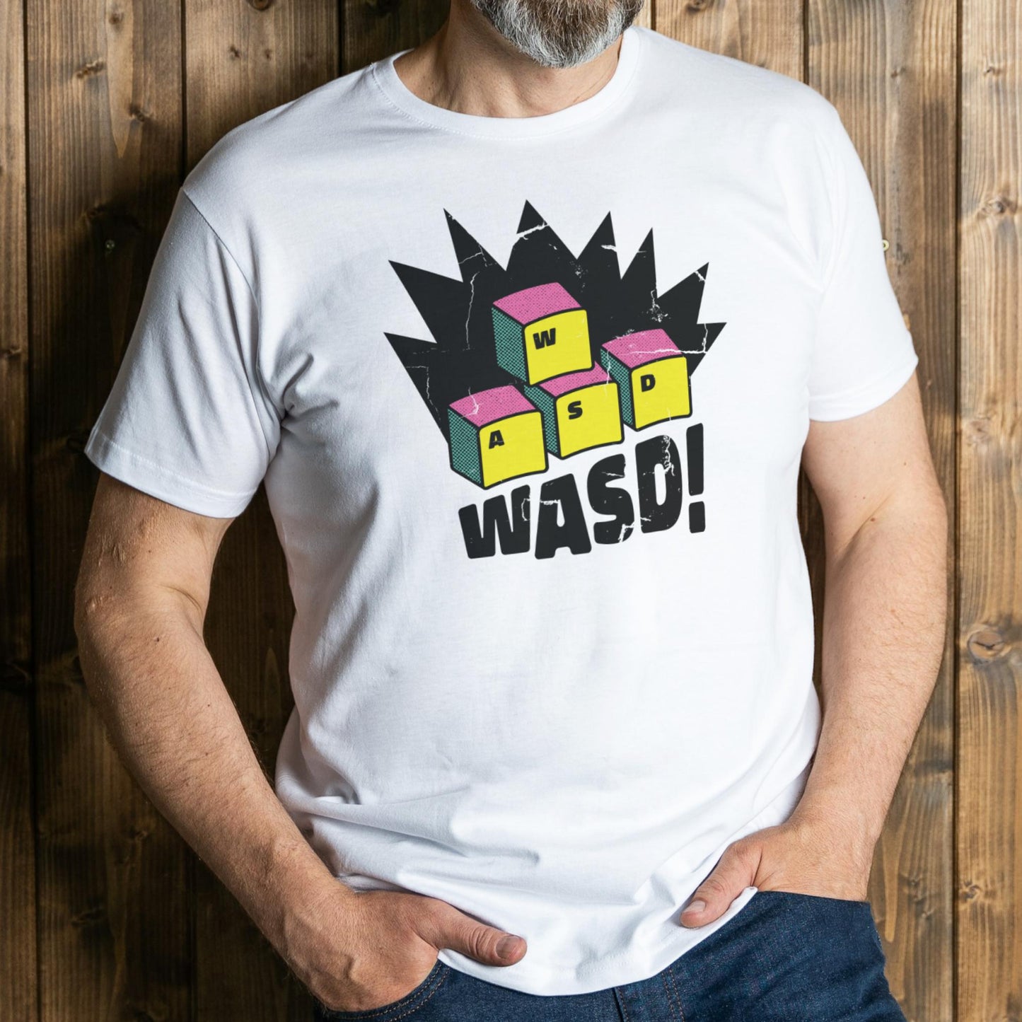 man wearing wasd graphic tee