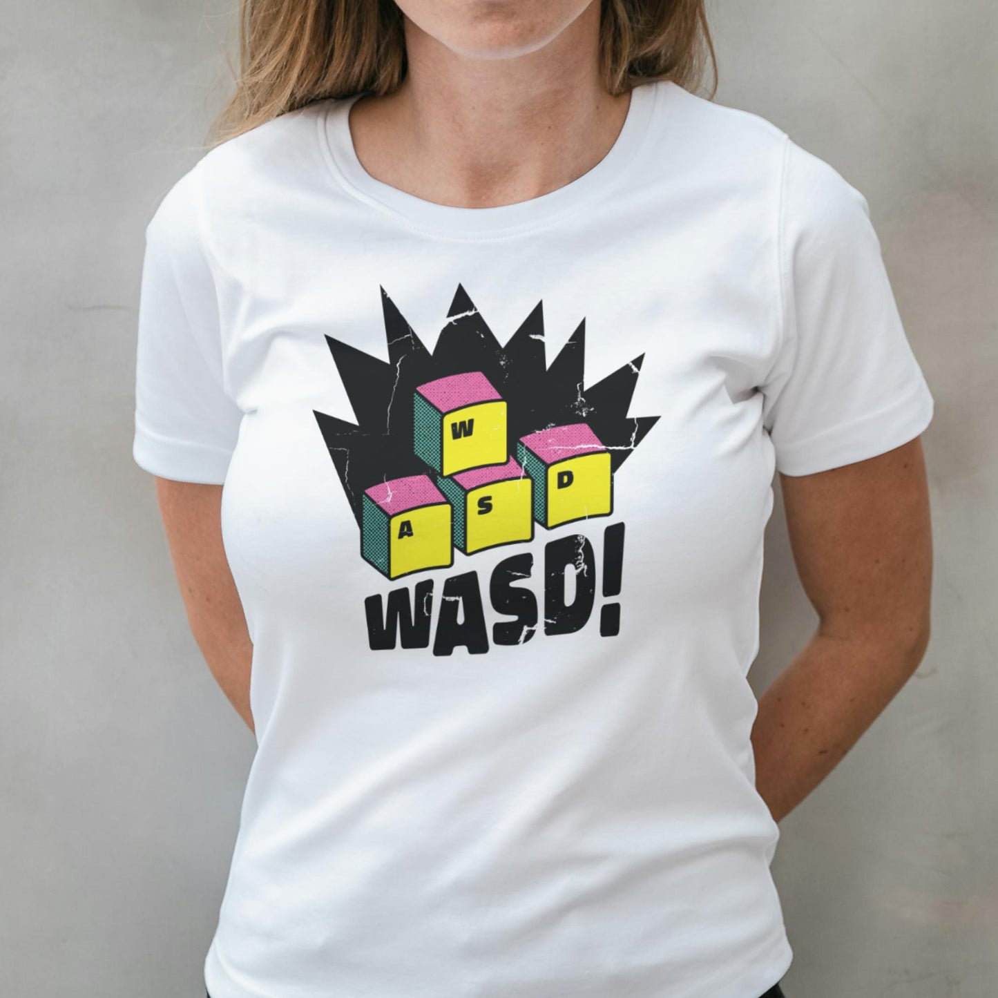 woman wearing wasd graphic tee
