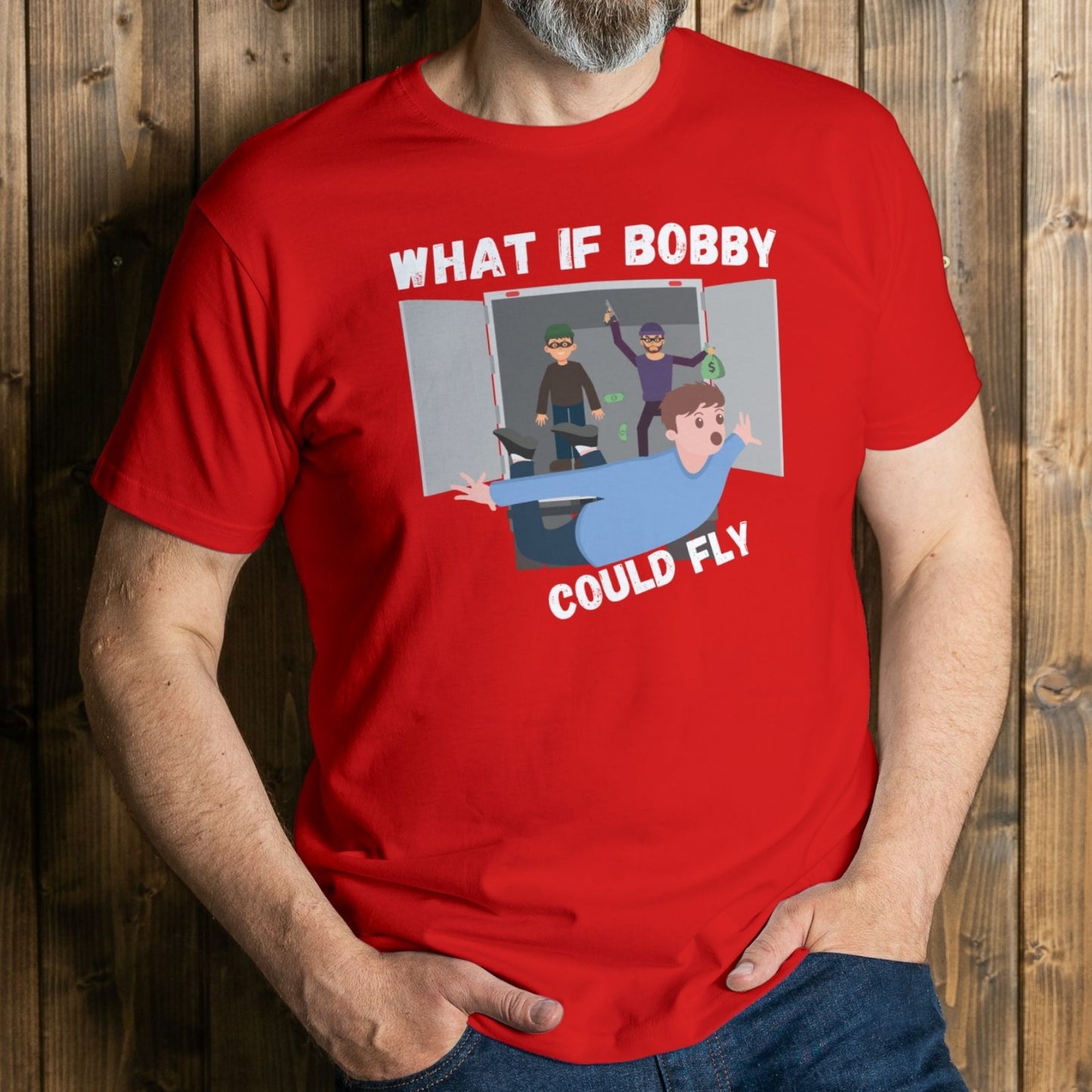 man wearing what if bobby could fly graphic tee