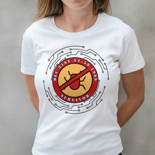 Person wearing a white t-shirt with a graphic design on a plain background