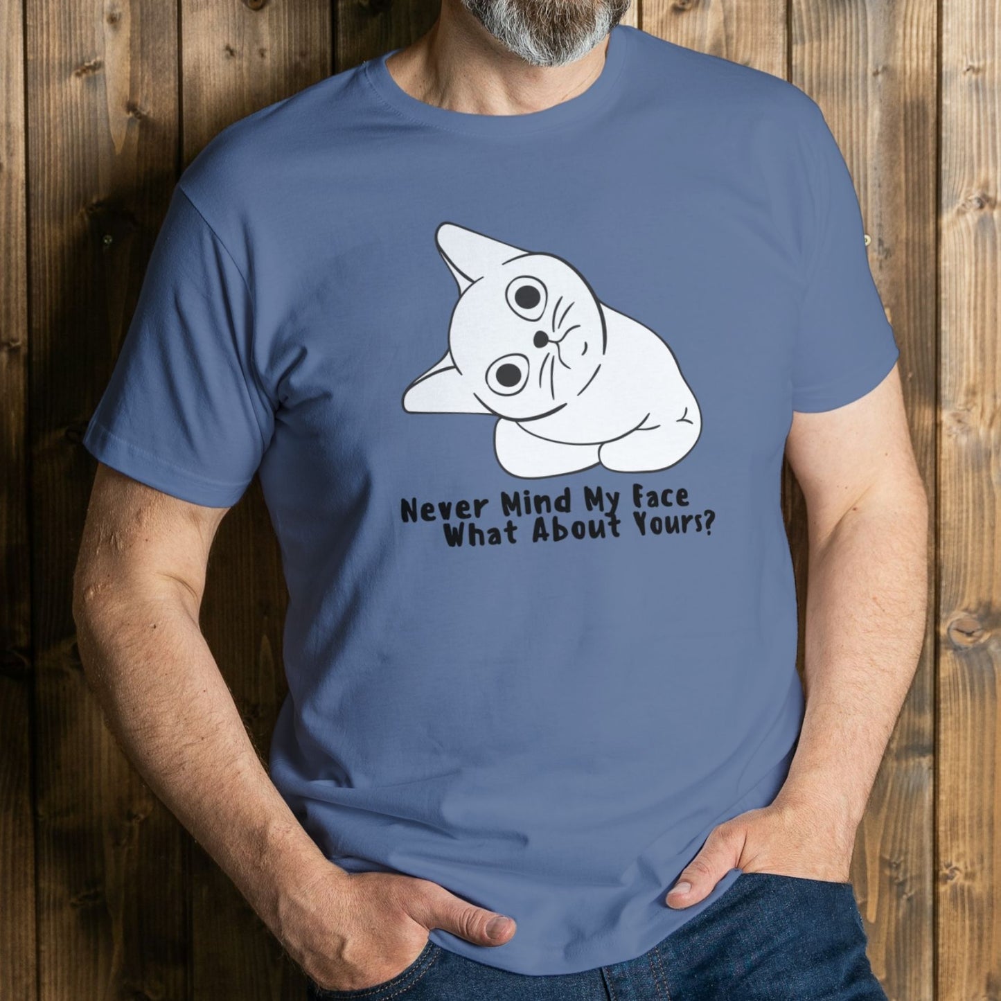 man wearing never mind my face graphic tee
