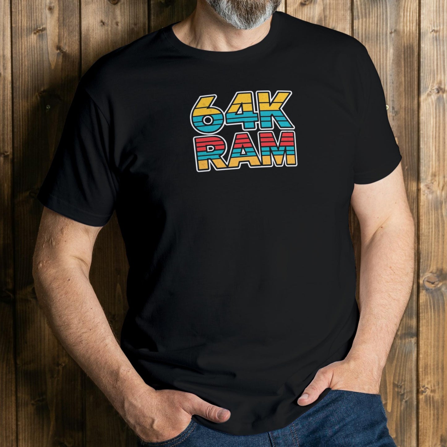 man wearing 64k ram retro t shirt