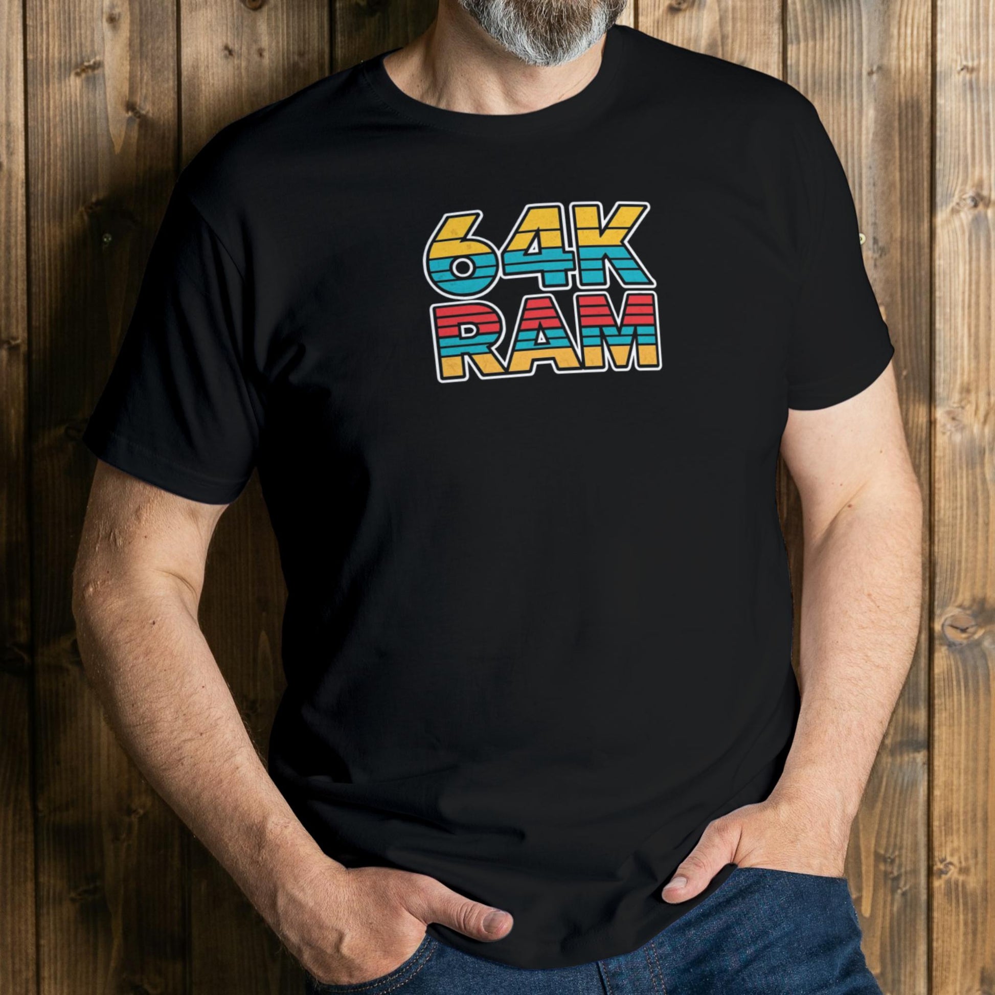 man wearing 64k ram retro t shirt