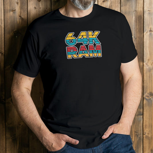 man wearing 64k ram retro t shirt