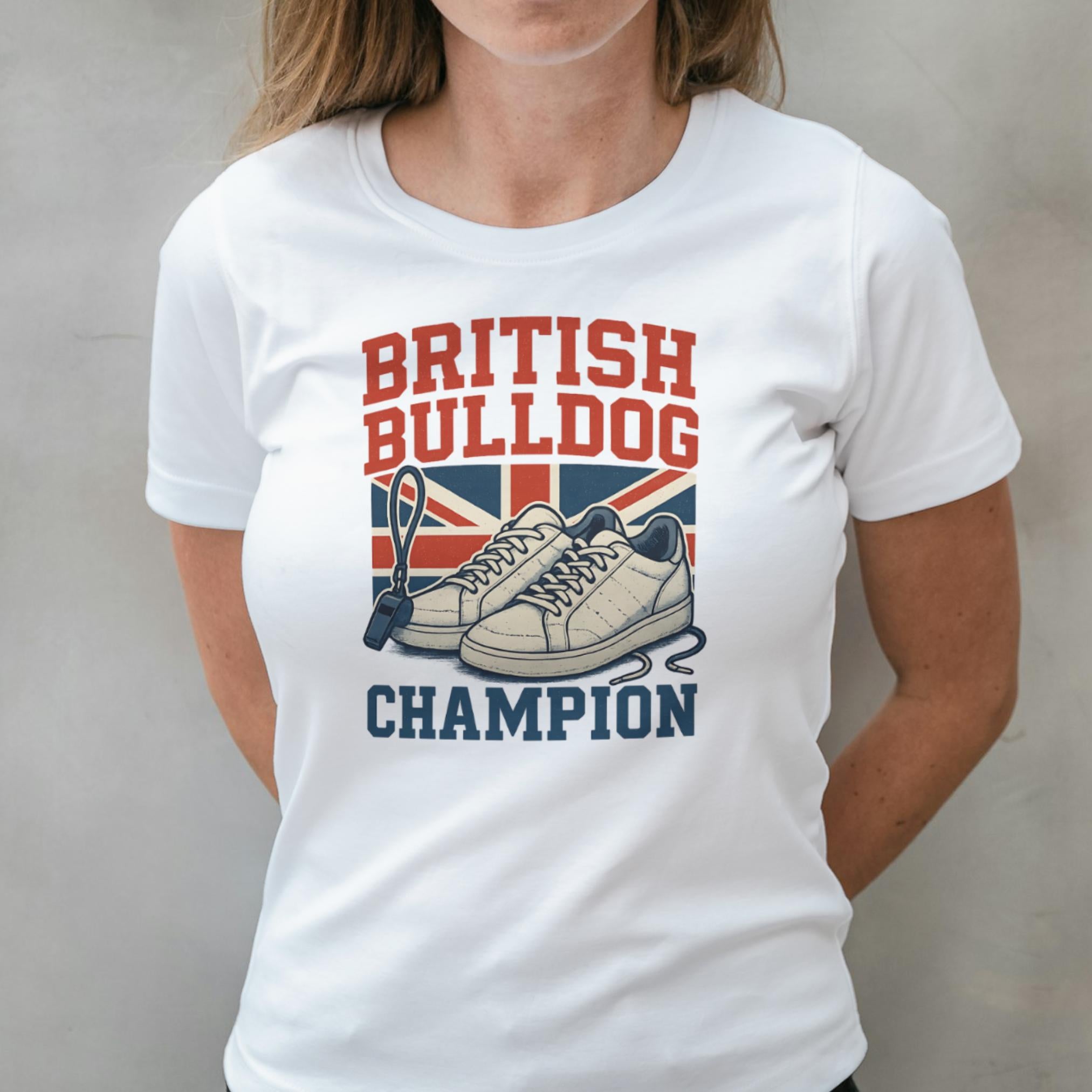 White t-shirt with 'British Bulldog Champion' design featuring a bulldog and British flag on a plain background.