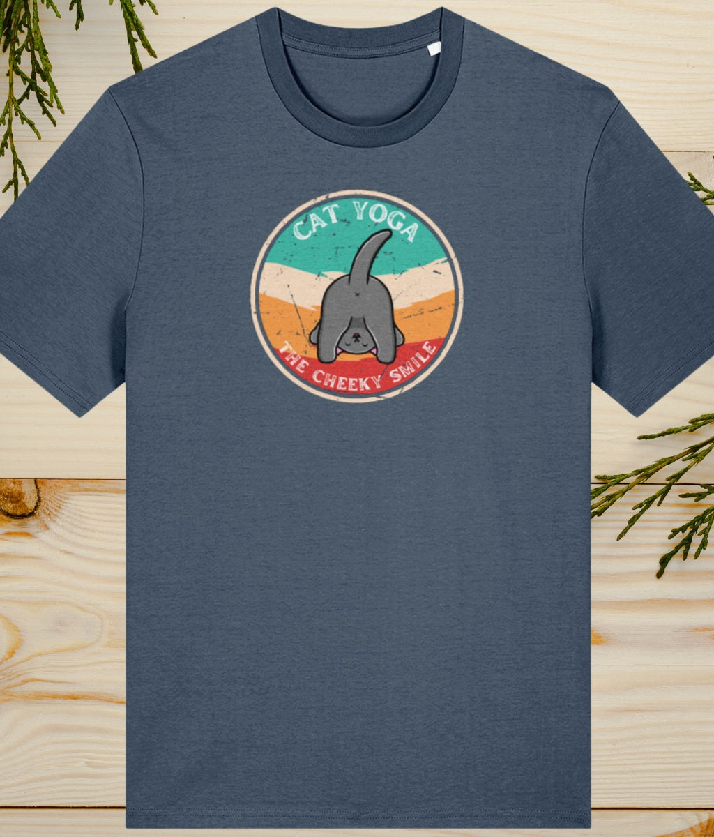 dark heather blue t shirt with a graphic of a car doing yoga 