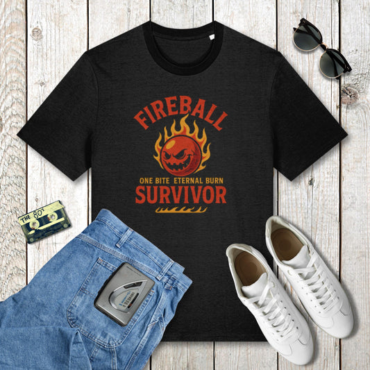 Black t-shirt with 'Fireball One Bite Eternal Burn Survivor' design on a wooden surface with jeans, sneakers, and sunglasses.