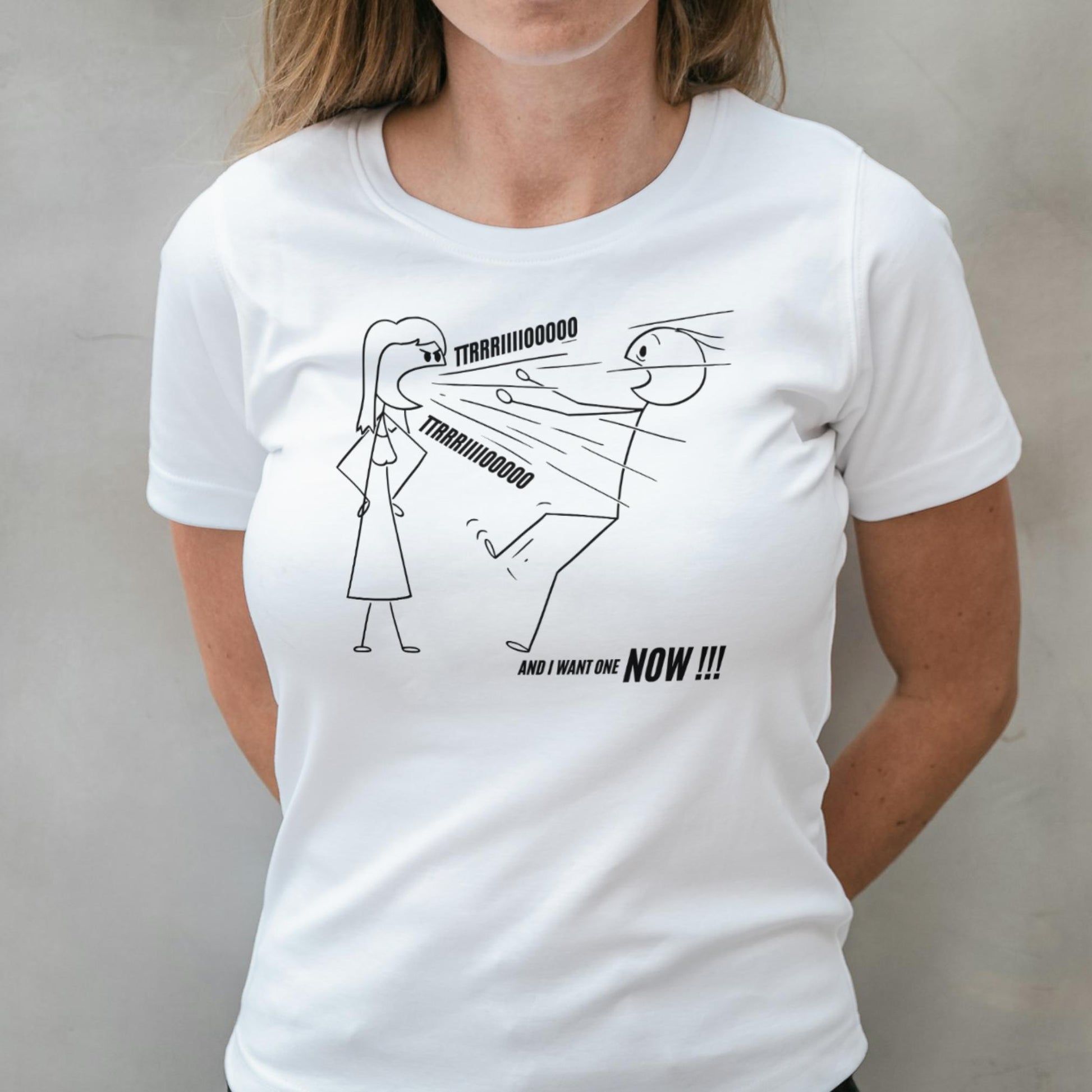 Person wearing a white t-shirt with a graphic design and text.