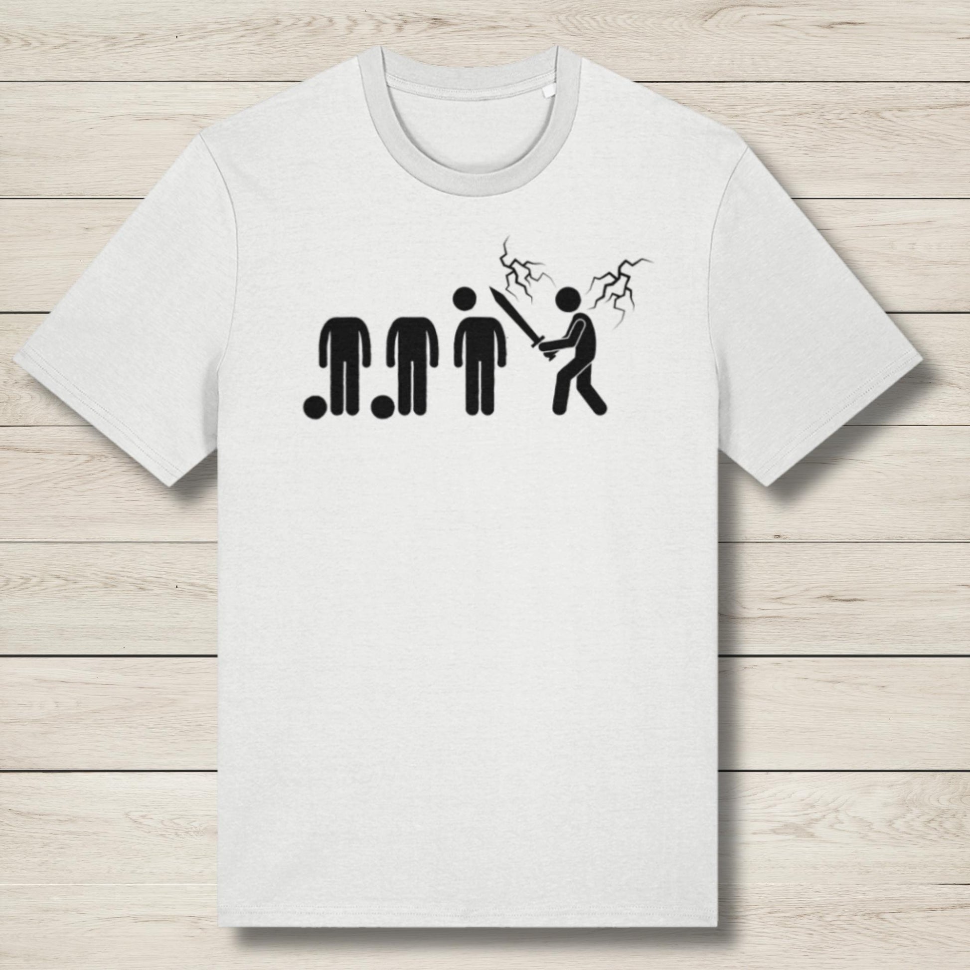 White t-shirt with black graphic design on a wooden surface