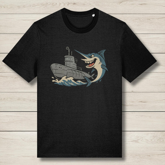 Black t-shirt with a graphic of a fish and a ship on a wooden surface