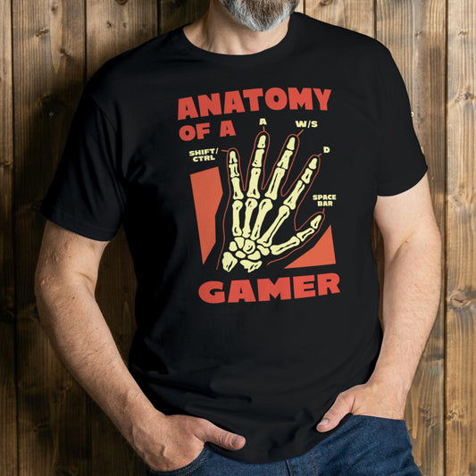 man wearing gamer hands graphic tee