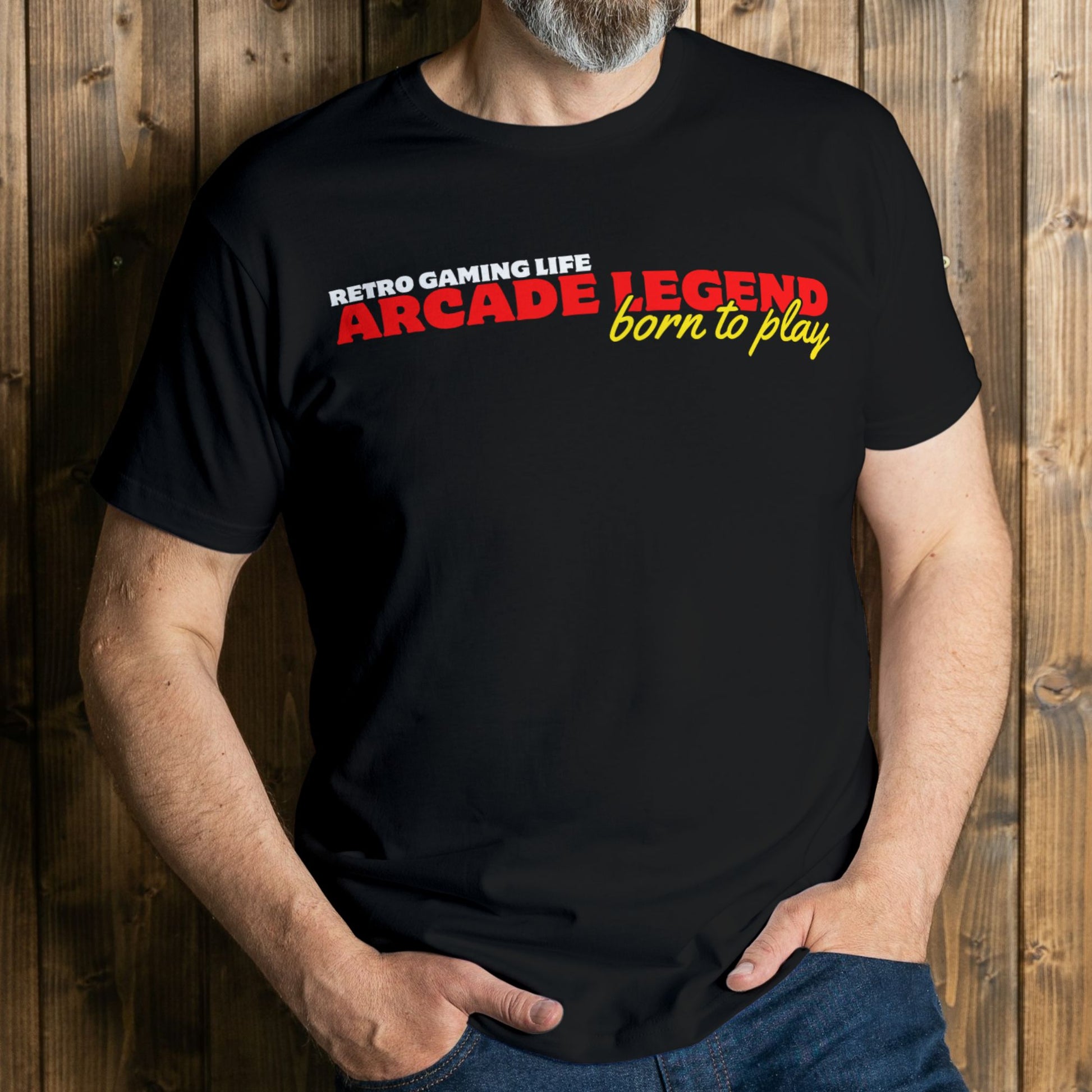 man wearing arcade legend born to play graphic tee