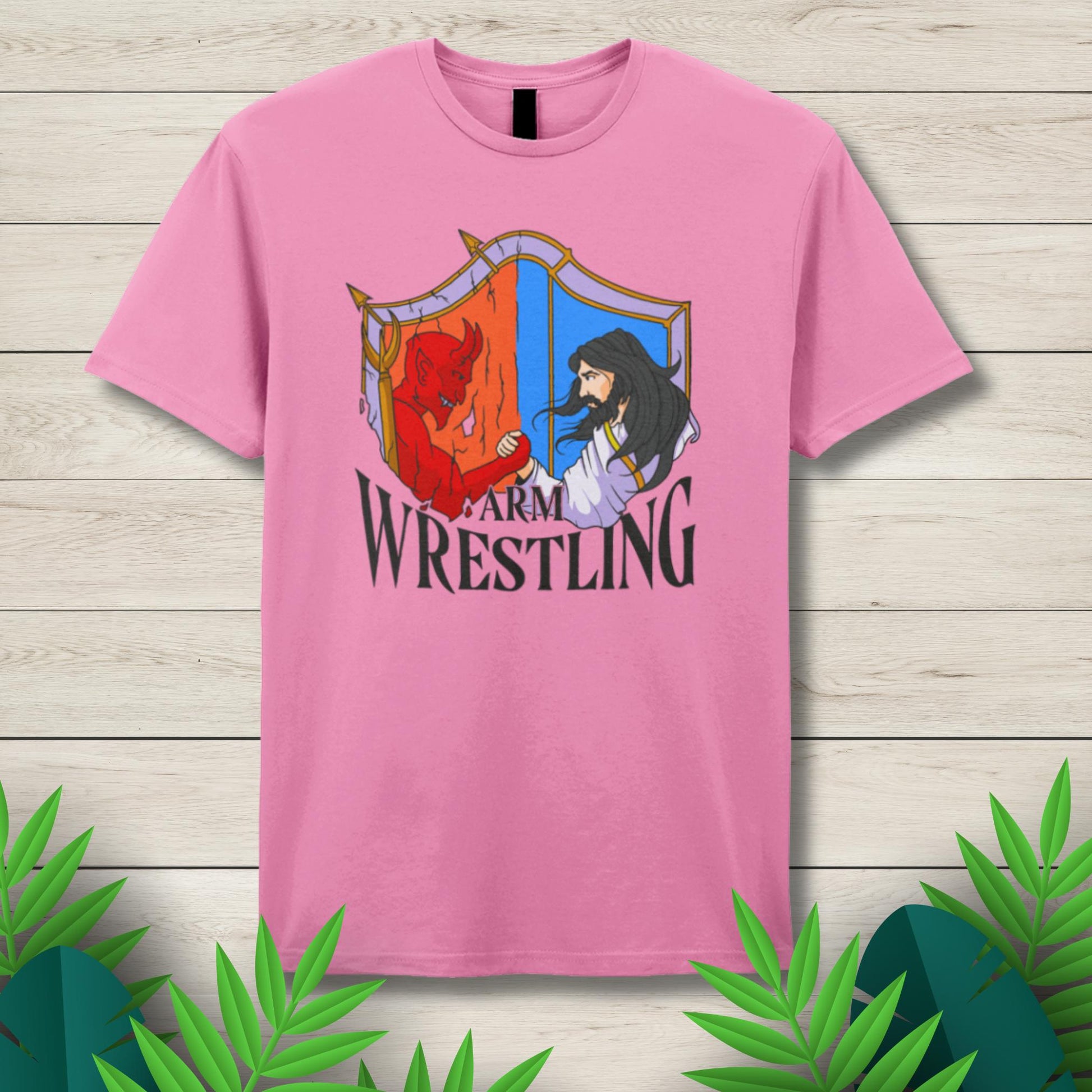 jesus arm wrestle pink t shirt
