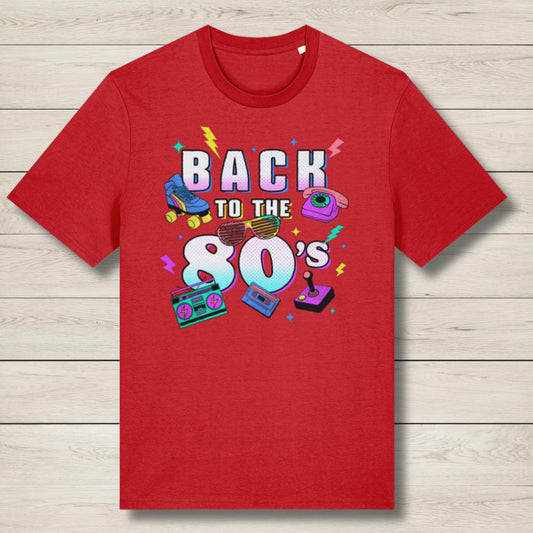 Red t-shirt with 'Back to the 80's' graphic design on a wooden surface