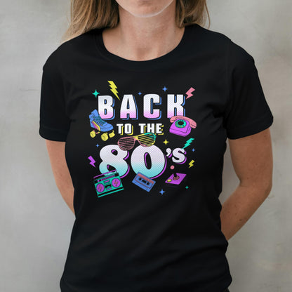woman wearing Black t-shirt with 'Back to the 80's' design featuring retro elements on a plain background.