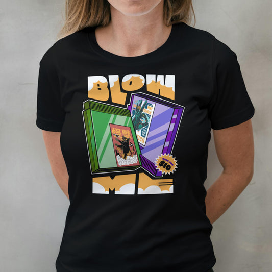 woman wearing  blow me cartridges on graphic tee