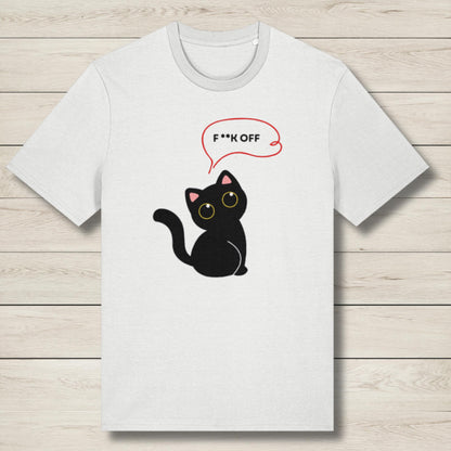 White t-shirt with a black cat graphic and 'F*** OFF' speech bubble on a wooden surface