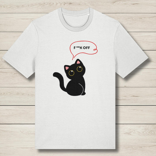 White t-shirt with a black cat graphic and 'F*** OFF' speech bubble on a wooden surface