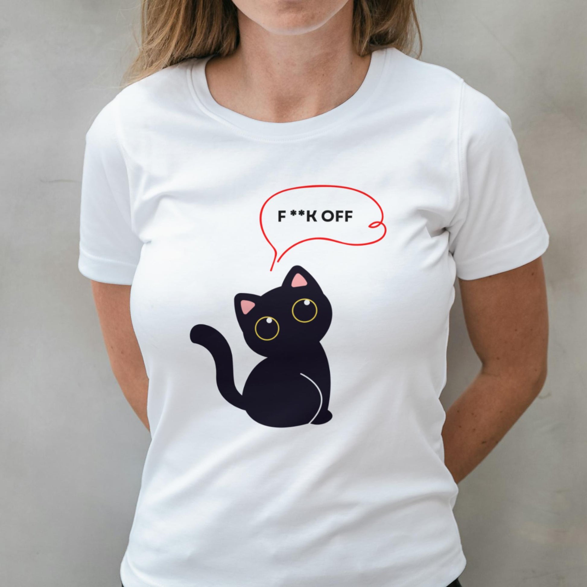 White t-shirt with a black cat graphic and 'F**K OFF' speech bubble worn by a person.