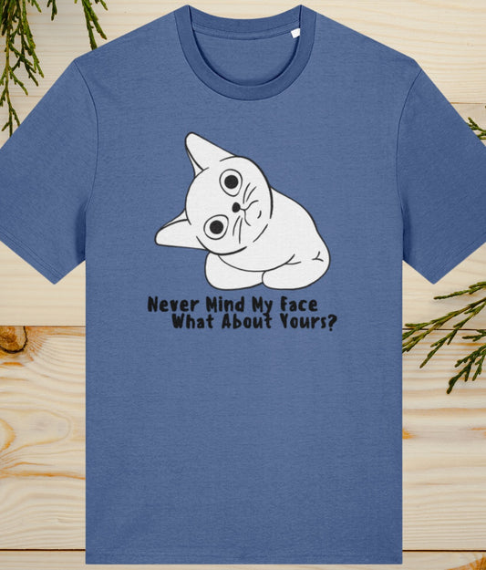 Never mind my face cat on a bright blue mens t shirt