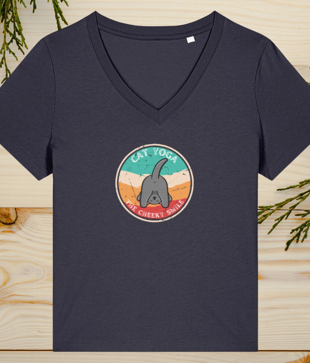 cat doing yoga with head between legs on a womens v neck t shirt in french navy