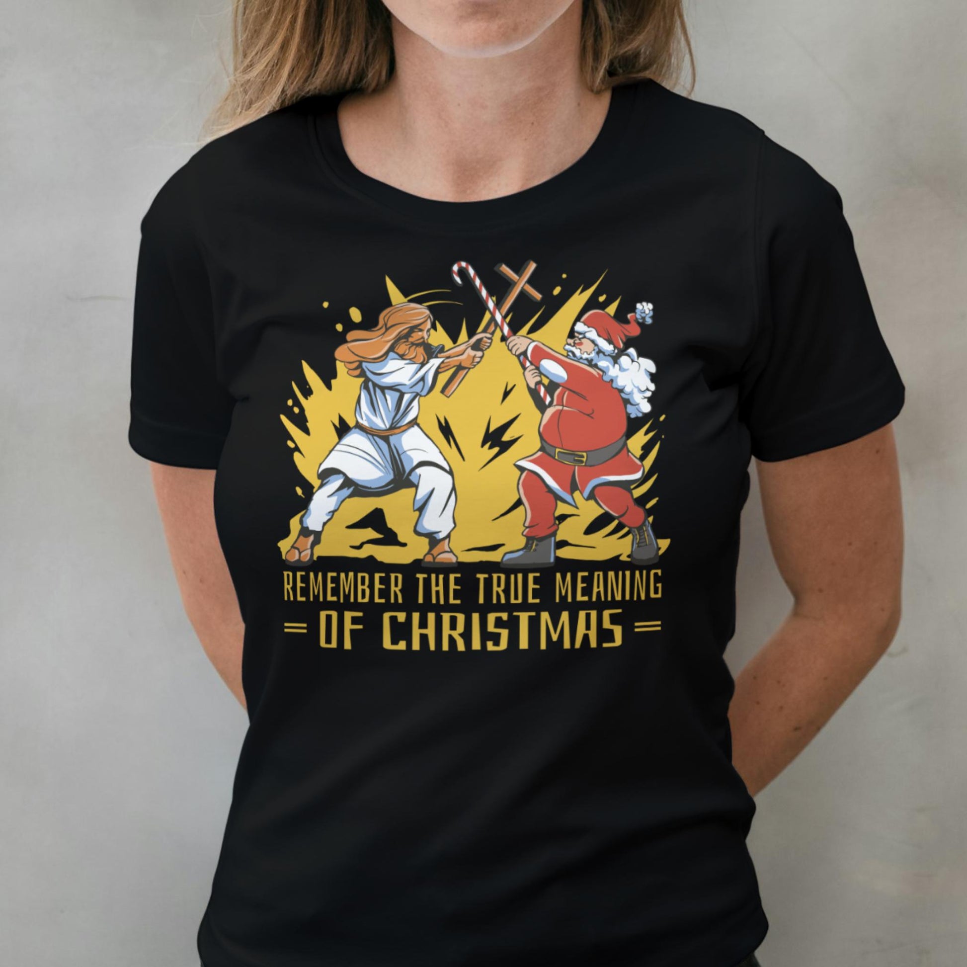 woman wearing christmas meaning t shirt