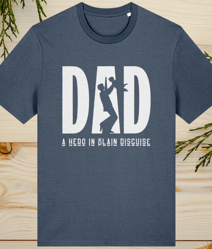 dad a hero in disguise graphic on a dark heather blue t shirt 