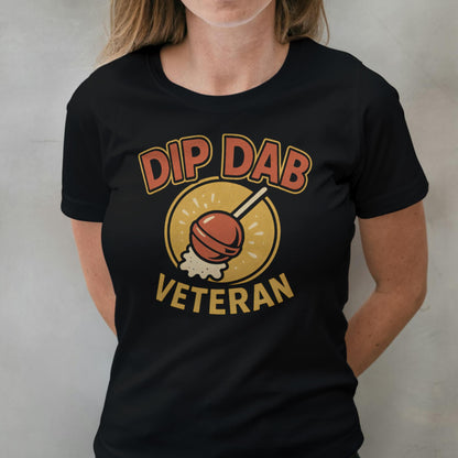 Person wearing a black t-shirt with 'Dip Dab Veteran' graphic design.