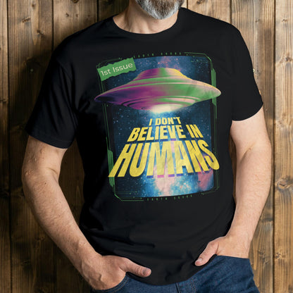 man wearing humans graphic tee