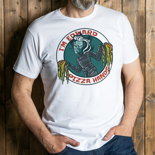 man wearing pizza hand graphic tee