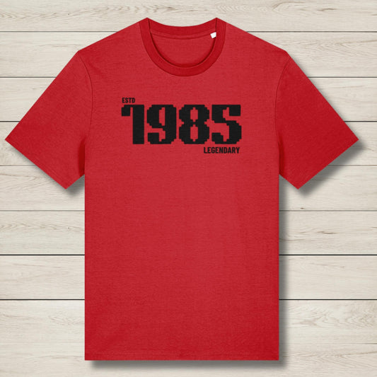 established 1985 red graphic tee