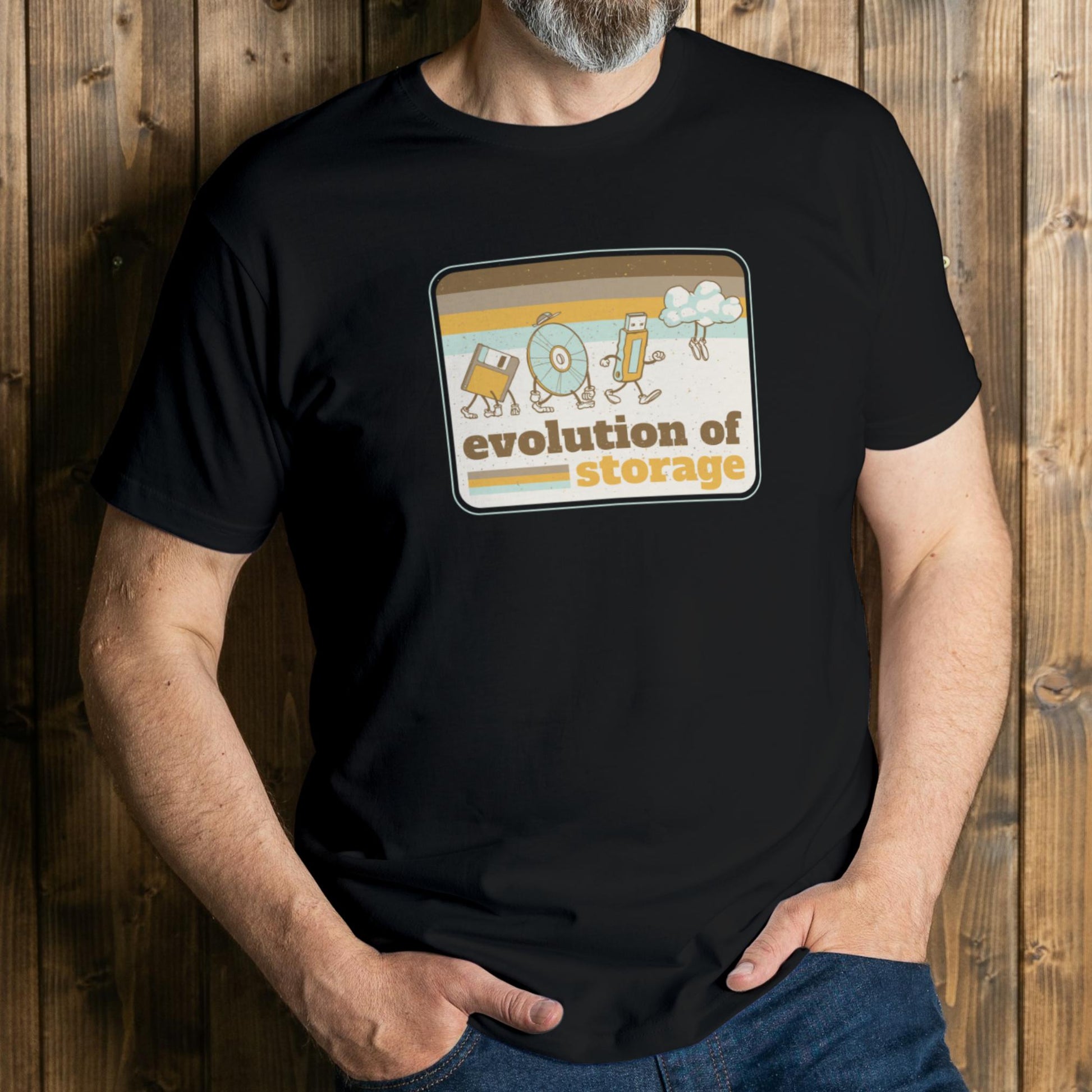 man wearing evolutions of storage graphic tee