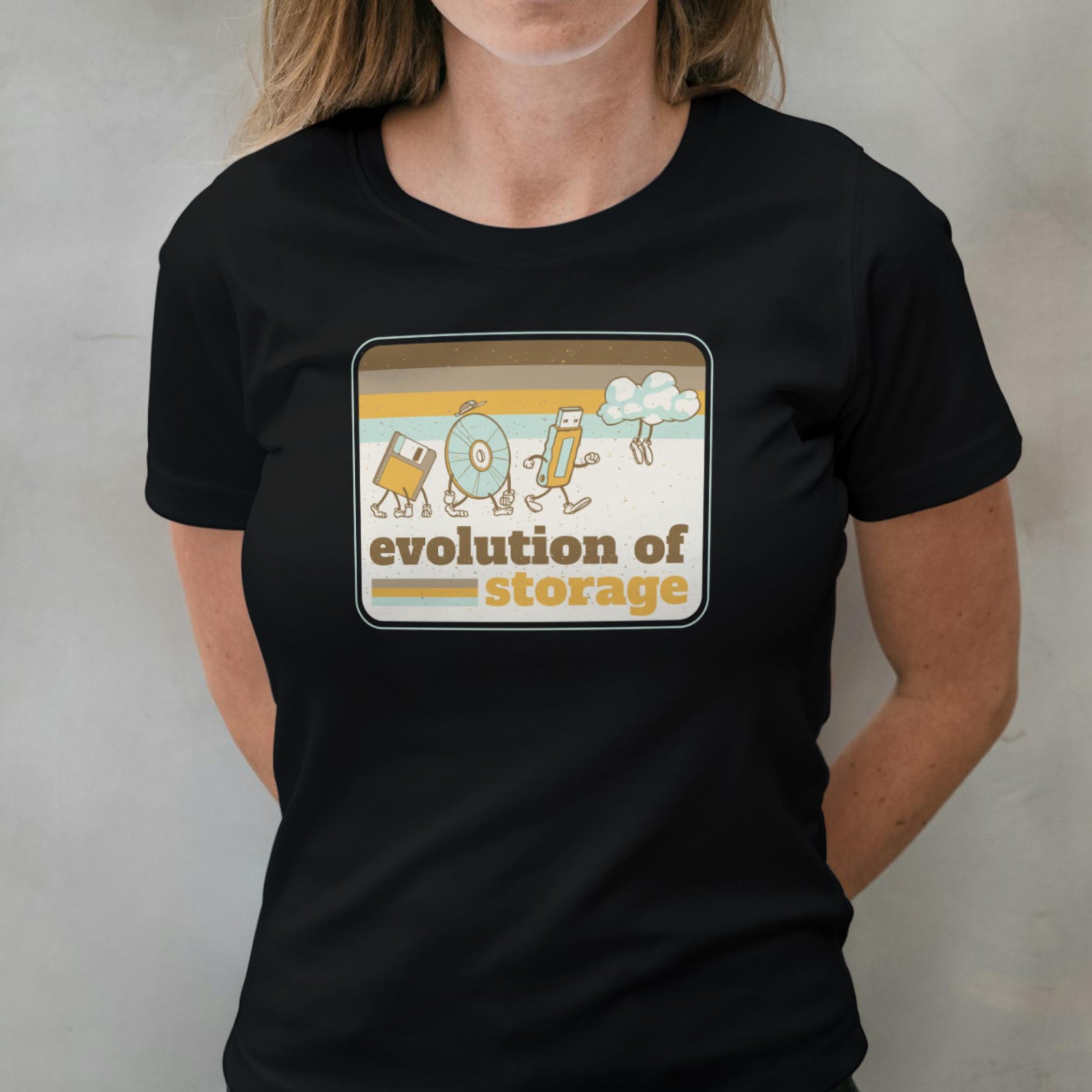 woman wearing evolution of storage graphic tee