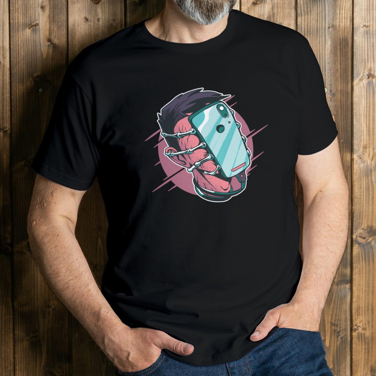 man wearing face hugger graphic tee