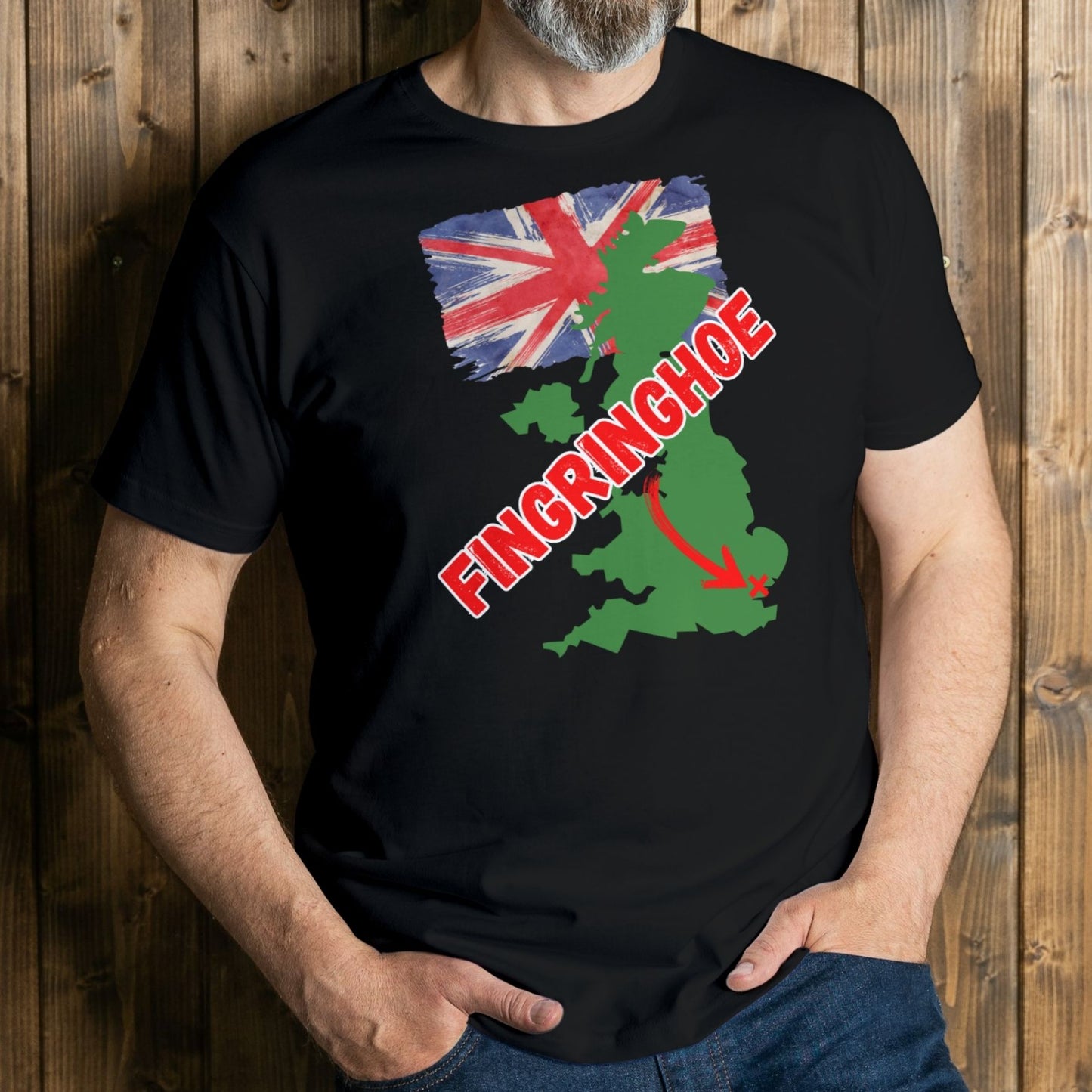 man wearing fing ring hoe t shirt