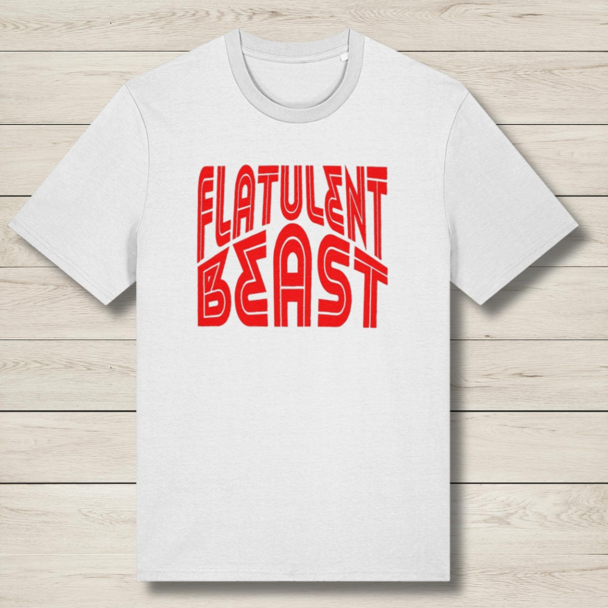 flatulent beast white on red graphic tee